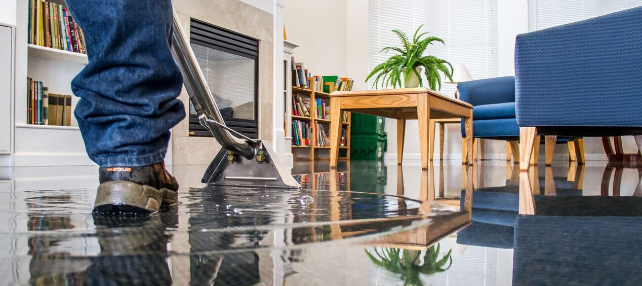 Flood repair experts extracting water from a flooded living room